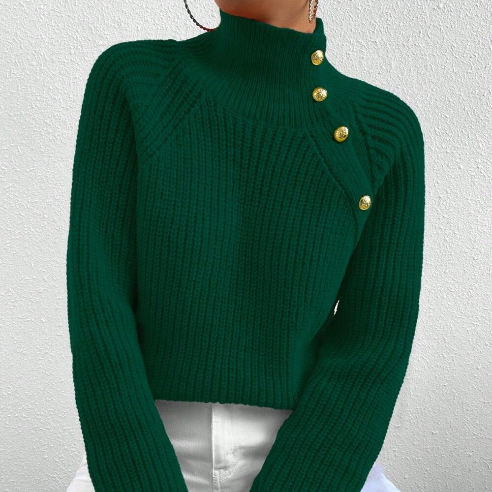 Green Casual Women's Stand Collar Pullover Sweater